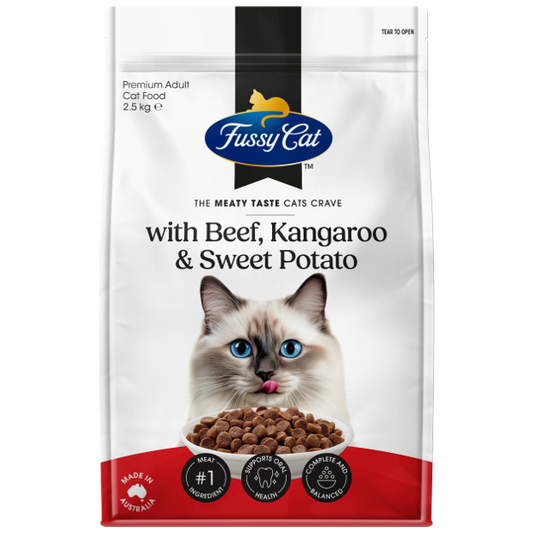 Fussy Cat Adult Grain Free Beef, Kangaroo & Sweet Potato 2.5kg x 4