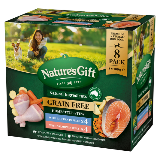 Nature's Gift Grain Free Homestyle Stew in Jelly with Chicken & With Salmon (8x100g) x 4